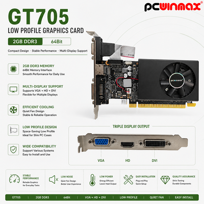 PCWINMAX GT 705 2GB 64Bit GDDR3 Low Profile Single Fan VGA DVI HD Port GPU Grafikkarte für Desktop