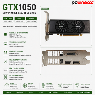 PCWINMAX GTX 1050 Desktop Grafikkarte 2 GB 128 Bit GDDR5 Niedrigprofil Dual Fan