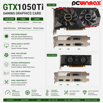 PCWINMAX GeForce GTX 1050 Ti Grafikkarte 4GB DDR5 128 Bit Dual Fans 650MHz 1800MHz Frequenz 1050Ti Desktop-GPU