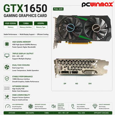 PCWINMAX GeForce GTX 1650 4GB GDRR6 128Bit HD DP DVI Ausgabe Unterstützung DirectX 12 VR Ready OC Grafikkarte