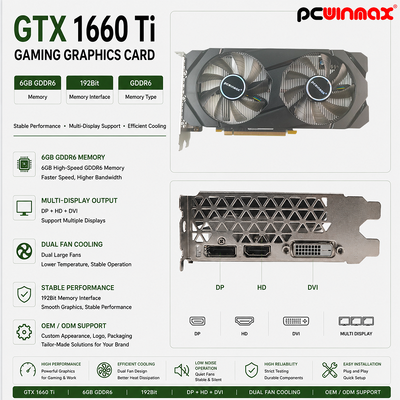 PCWINMAX Geforce GTX 1660 Ti 6GB GPU Grafikkarte 192 Bit 1500MHz/1770MHz HD DP DVI 14Gbps Speicher