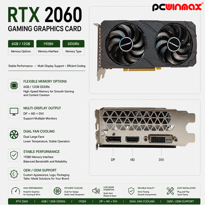 PCWINMAX Graphics Card Geforce RTX 2060 6GB GDDR6 192Bit 1680MHz Dual-Fan Gaming GPU with HD/DP/DVI for Desktop PCs