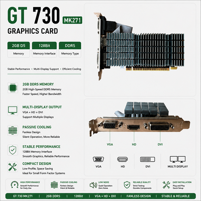 PCWINMAX Grafikkarte GT 730 2 GB GDDR5 64 Bit Low Profile Passive Cooling GPU mit I/O-Halterungen OEM/ODM für Silent HTPC und Büro-PCs